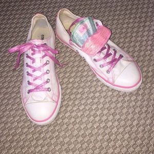 white and pink double tongued sparkle converse!
